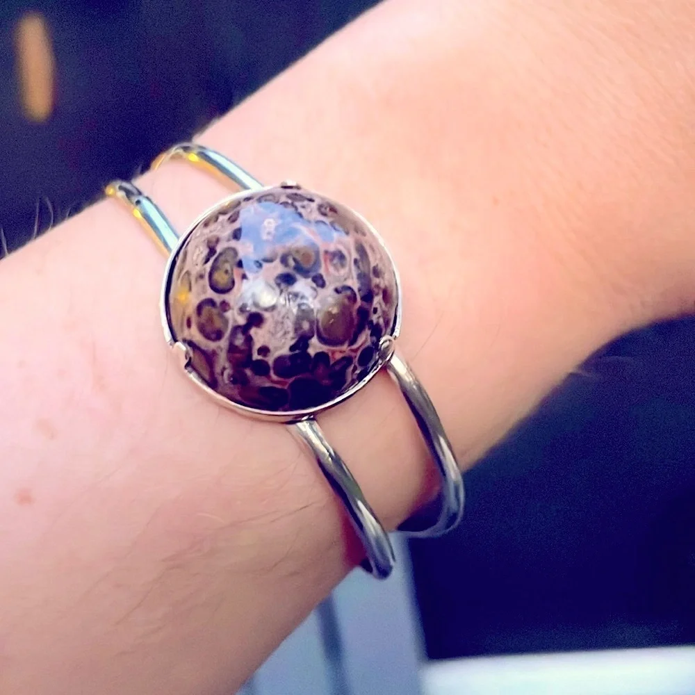925 Sterling Silver & Pink Natural Jasper Stone Adjustable Bangle Boho Bracelet